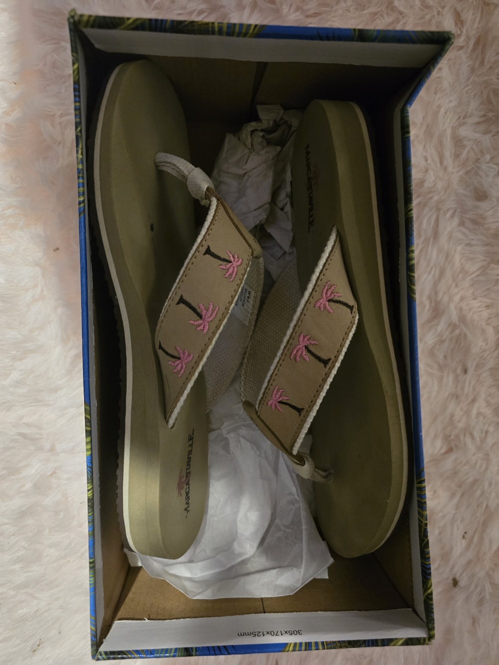Margaritaville Tan Sandal Flip-Flops with Pink Palm Embroidery